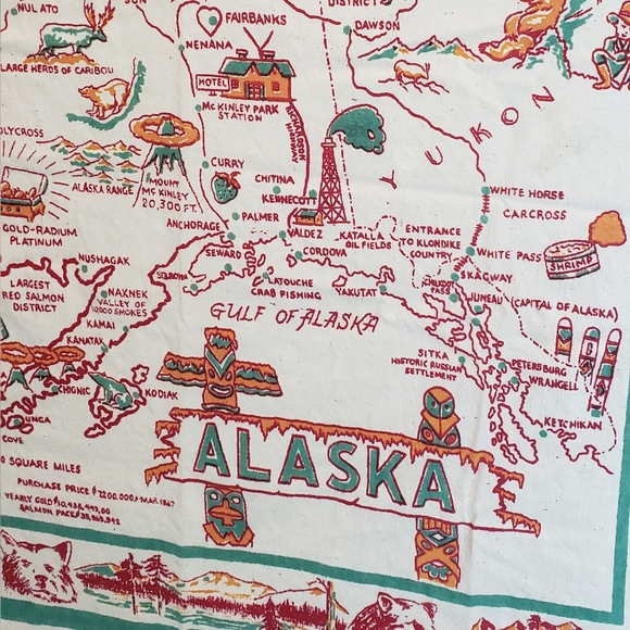 Vintage Alaska Map Souvenir Tablecloth 1940s 1950s - Picture 2 of 4